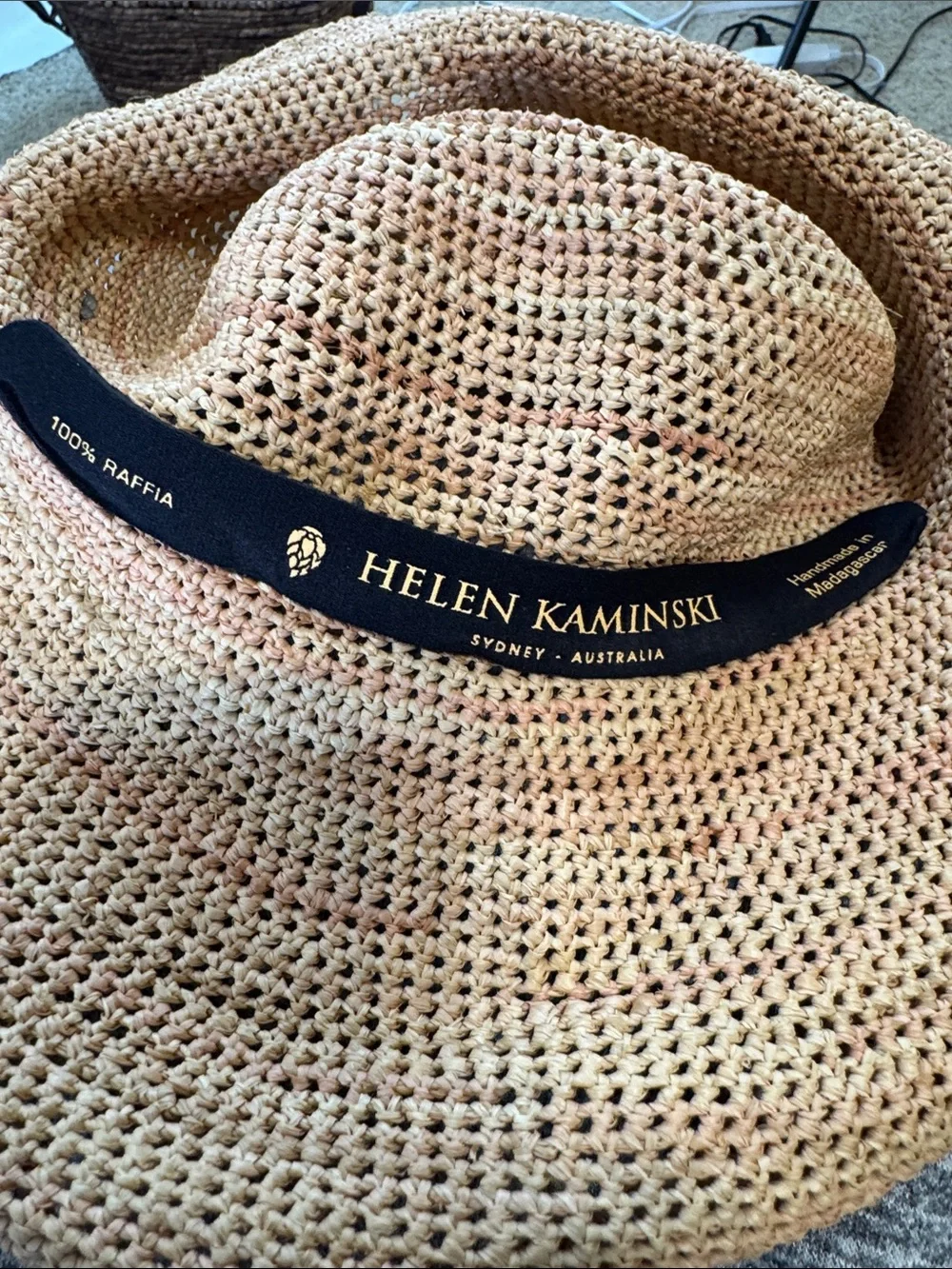 Helen Kaminski 100% Raffia Wide Brim Crochet Sun Hat Natural